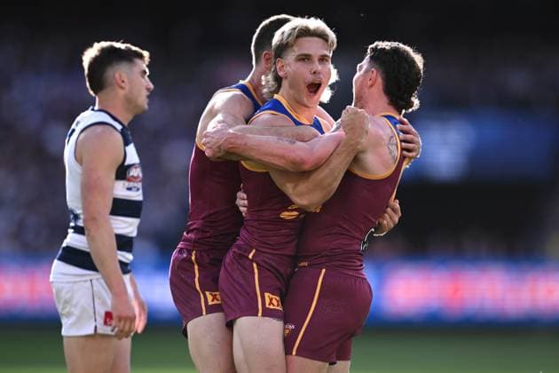 AFL GRAND FINAL, Levi Ashcroft of the Lions celebrates scoring a goal during the AFL Grand Final between the Geelong Cats and the Brisbane Lions at the Melbourne Cricket Ground in Melbourne, Saturday, September 27, 2025. ( NO ARCHIVING, EDITORIAL USE ONLY MELBOURNE VICTORIA AUSTRALIA  Copyright: xJOELxCARRETTx 20250927141384815021