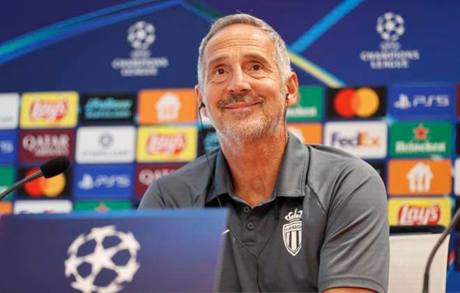 La Turbie, France - September 30, 2025: AS Monaco vs. Manchester City, UEFA Champions League- Group Stage D2 press conference, PK, Pressekonferenz with Coach Adolf Adi Huetter. Mandoga Media Germany AS Monaco vs. Manchester City, UEFA Champions League- Group Stage D2