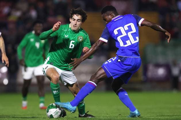 2027 UEFA Under 21 European Championship, EM, Europameisterschaft Qualifier, Turner™s Cross, Cork 10 10 2025 Republic of Ireland vs Slovakia Ireland s Jad Hakiki and Samuel Gidi of Slovakia Jad Hakiki and Samuel Gidi 10 10 2025  Copyright: x INPHO BryanxKeanex CU9I2640 copy