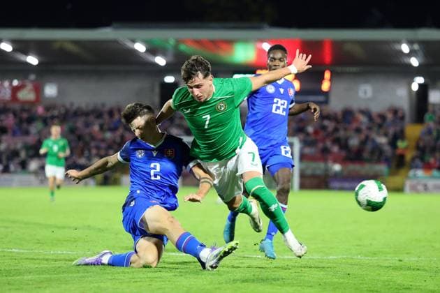 2027 UEFA Under 21 European Championship, EM, Europameisterschaft Qualifier, Turner™s Cross, Cork 10 10 2025 Republic of Ireland vs Slovakia Slovakia s TobiaÅ¡ PaliÅ¡Äak and Rocco Vata of Ireland TobiaÅ¡ PaliÅ¡Äak and Rocco Vata 10 10 2025  Copyright: x INPHO BryanxKeanex 0S2A5691 copy