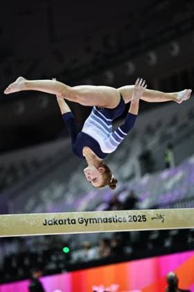 Dulcy Caylor, USA, during podiumtraining at 2025 Worlds in Jakarta; 18 10 2025;