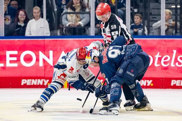 Linesperson Jonas Reinold fuehrt ein Bully Faceoff aus zwischen Tylor Spink (Schwenninger Wild Wings, 90) und Gabriel Fontaine (EHC Red Bull Muenchen, 97) GER, EHC Red Bull Muenchen vs. Schwenninger Wild Wings, Eishockey, DEL, 14. Spieltag, Saison 2025 2026, 26.10.2025. GER, EHC Red Bull Muenchen vs. Schwenninger Wild Wings, Eishockey, DEL, 14. Spieltag, Saison 2025 2026, 26.10.2025. Muenchen Copyright: xEibner-Pressefoto HeikexFeinerx EP_HFR