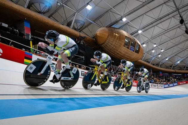 BLEDDYN Oliver, AGNOLETTO Blake, LEAHY Conor, MORIARTY James: UCI Track cycling, Rad, Radsport, Bahnrad, Bahn World Championships 2025 BLEDDYN Oliver - AGNOLETTO Blake - LEAHY Conor - MORIARTY James ( AUS ) Australia Querformat - quer - horizontal - Landscape - Event Veranstaltung: UCI Track Cycling World Championships 2025 - Category Kategorie: Cycling - Track Cycling World Championships - Elite Men - Location Ort: South America Chile - Santiago de Chile - Velodromo Parque Penalolen Instituto - Discipline: Team Pursuit - Distance: 4000 m - Date Datum: 23.10.2025 Thursday Day 2 -