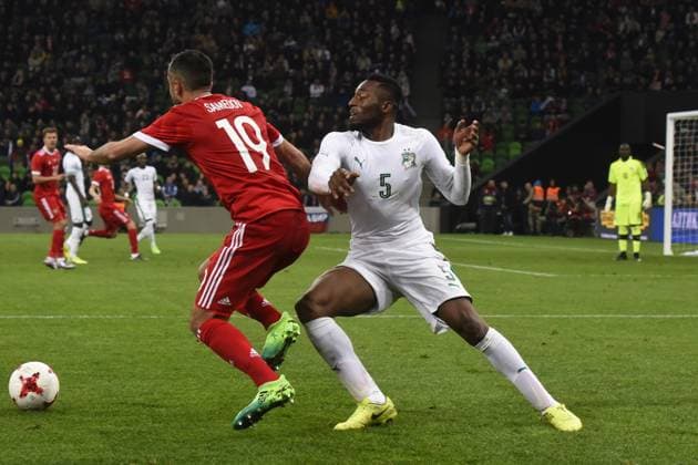 International Friendly, Länderspiel, Nationalmannschaft Russia - Cote d Ivoire KRASNODAR, RUSSIA - MARCH 24: Alexander Samedov (L) of Russia in action against Wilfried Kanon (R) of Cote d Ivoire s during the friendly football match at Krasnodar Stadium, in Krasnodar, Russia, on March 24,2017. Krasnodar Rusya. Editorial use only. Please get in touch for any other usage.  Copyright: x2025xAnadoluxElenaxSineokx