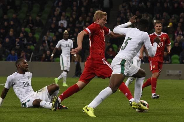 International Friendly, Länderspiel, Nationalmannschaft Russia - Cote d Ivoire KRASNODAR, RUSSIA - MARCH 24: Yury Gazinsky (C) of Russia in action against Die Serey (L) and Wilfried Kanon (R) of Cote d Ivoire s during the friendly football match at Krasnodar Stadium, in Krasnodar, Russia, on March 24,2017. Krasnodar Rusya. Editorial use only. Please get in touch for any other usage.  Copyright: x2025xAnadoluxElenaxSineokx