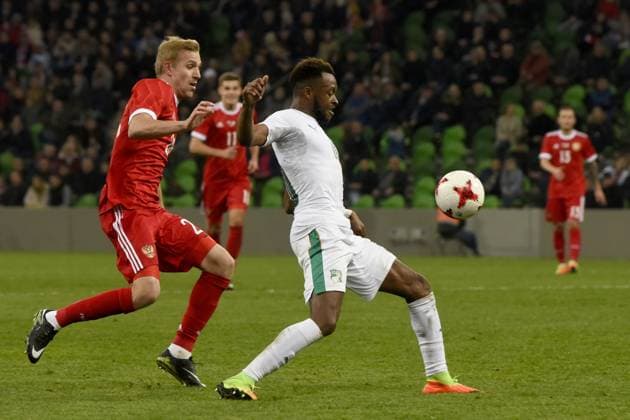 International Friendly, Länderspiel, Nationalmannschaft Russia - Cote d Ivoire KRASNODAR, RUSSIA - MARCH 24: Yuri Gazinsky (L) of Russia in action against Cheick Doukoure (R) of Cote d Ivoire s during the friendly football match at Krasnodar Stadium, in Krasnodar, Russia, on March 24,2017. Krasnodar Rusya. Editorial use only. Please get in touch for any other usage.  Copyright: x2025xAnadoluxElenaxSineokx