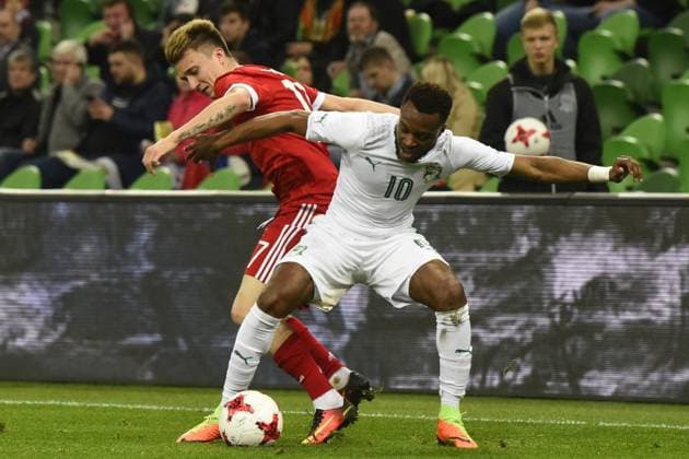 International Friendly, Länderspiel, Nationalmannschaft Russia - Cote d Ivoire KRASNODAR, RUSSIA - MARCH 24: Alexander Golovin (L) of Russia in action against Cheick DOUKOURE Doukoure (R) of Cote d Ivoire s during the friendly football match at Krasnodar Stadium, in Krasnodar, Russia, on March 24,2017. Krasnodar Rusya. Editorial use only. Please get in touch for any other usage.  Copyright: x2025xAnadoluxElenaxSineokx