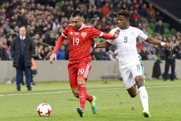 International Friendly, Länderspiel, Nationalmannschaft Russia - Cote d Ivoire KRASNODAR, RUSSIA - MARCH 24: Alexander Samedov (L) of Russia in action against Wilfried Zaha (R) of Cote d Ivoire s during the friendly football match at Krasnodar Stadium, in Krasnodar, Russia, on March 24,2017. Krasnodar Rusya. Editorial use only. Please get in touch for any other usage.  Copyright: x2025xAnadoluxElenaxSineokx