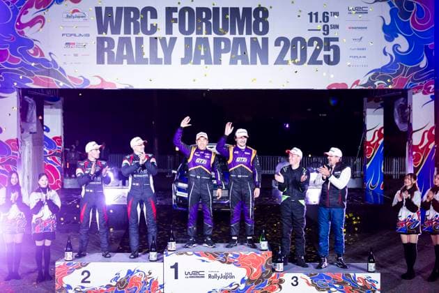 AUTO - WRC, Motorsport Rallye, WM - RALLY JAPAN 2025 Ghjuvanni ROSSI, Kylian SARMEZAN, Ford Fiesta Rally3, podium, portrait during the 2025 Rally Japan, 13th round of the 2025 WRC World Rally Car Championship, from November 6 to 9, 2025 at Toyota, Aichi, Japan - ToyotaJapan  Copyright: xNikosxKatikisx