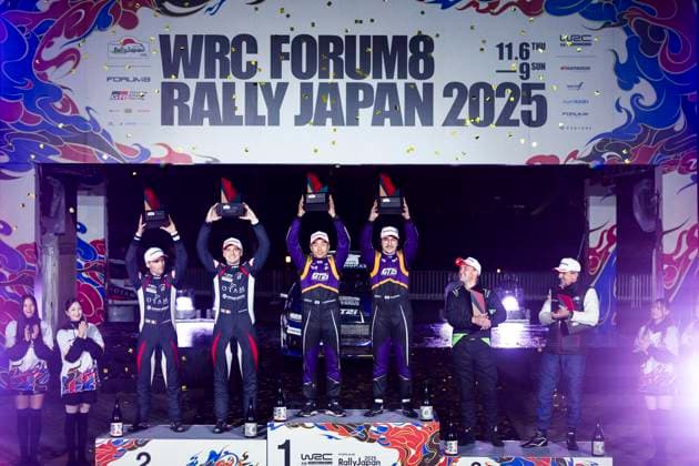 AUTO - WRC, Motorsport Rallye, WM - RALLY JAPAN 2025 Ghjuvanni ROSSI, Kylian SARMEZAN, Ford Fiesta Rally3, podium, portrait during the 2025 Rally Japan, 13th round of the 2025 WRC World Rally Car Championship, from November 6 to 9, 2025 at Toyota, Aichi, Japan - ToyotaJapan  Copyright: xNikosxKatikisx