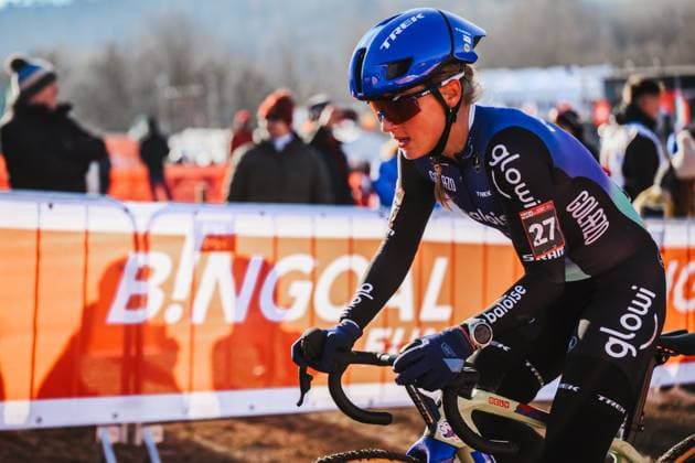 Belgian Fleur Moors pictured in action during the women elite race at the World Cup cyclocross cycling event in Tabor, Czech Republic, stage 1 (out of 12) of the UCI World Cup cyclocross competition, Sunday 23 November 2025. DAVIDxPINTENS  x143732947x