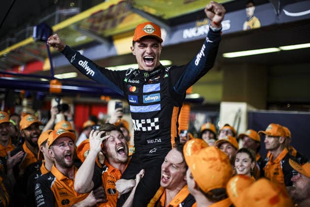 4 Lando Norris (GBR, McLaren F1 Team) and McLaren F1 Team celebrates becoming the 2025 Drivers World Champion, F1 Grand Prix of Abu Dhabi at Yas Marina Circuit on December 7, 2025 in Abu Dhabi, United Arab Emirates. (Photo by HOCH ZWEI) Abu Dhabi United Arab Emirates