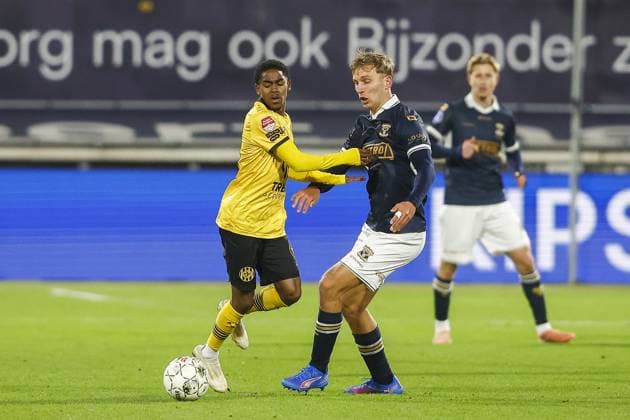 KERKRADE , 17-12-2025 , Parkstad Limburg Stadium , season 2025 2026 , Dutch KNVB Beker football . match between Roda JC and Go Ahead Eagles, Picture shows Roda JC player Iman Griffith GA Eagles player Finn Stokkers Roda JC - Go Ahead Eagles (cup)  x200244114x Copyright: