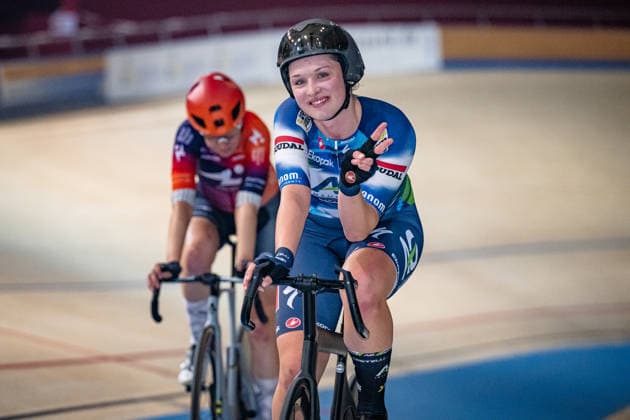 BRÄUTIGAM Messane: DM Omnium 2025 - Frankfurt Oder BRÄUTIGAM Messane ( GER ) AG Insurance-NXTG Team Querformat - quer - horizontal - Landscape - Event Veranstaltung: DM Omnium 2025 - Deutsche Meisterschaft - Category Kategorie: Cycling - Track cycling, Rad, Radsport, Bahnrad, Bahn National Championship Omnium - Elite Women - Location Ort: Europe Germany - Brandenburg - Märkisch Oderland - Frankfurt Oder - Oderlandhalle - Discipline: Omnium Points Race 4. Race - Distance: 20 km - Date Datum: 19.12.2025 Friday Day 1 -