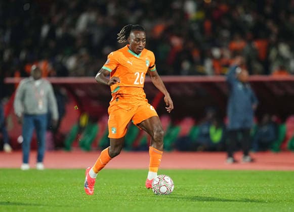 Yan Diomande (CÃ te d Ivoire) controls the ball during the Africa Cup Of Nations match between Ivory Coast and Cameroon at Marrakesh Stadium on December 28, 2025 in Marrakech, Morocco. (Photo by Thor Wegner DeFodi Images) -