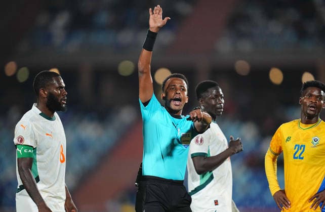 Omar Artan gestures during the Africa Cup Of Nations match between Gabon and Ivory Coast at Marrakesh Stadium on December 31, 2025 in Marrakech, Morocco. (Photo by Thor Wegner DeFodi Images) -