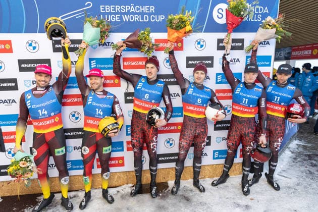 picture: Tobias Wendl, Tobias Arlt (GER), Eduards Sevics-Mikelsevics, Lukass Krasts (LAT), Martins Bots, Roberts Plume (LAT) 03.01.2026 luge 4. FIL Eberspächer Luge World Cup, Sigulda, Latvia (LAT) Men™s Doubles photographer: FIL Michael Kristen