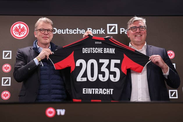 Eintracht Frankfurt and Deutsche Bank extend partnership ahead of schedule until 2035 most comprehensive cooperation agreement in the club s history Media briefing with Christian Sewing (CEO Deutsche Bank) and Axel Hellmann (Spokesman for the Executive Board of Eintracht Frankfurt Fußball AG)with Eintracht Frankfurt jersey before the 1.Bundesliga match between Eintracht Frankfurt and Borussia Dortmund at Deutsche Bank Park in Frankfurt, Germany on January 09, 2026 (DFL DFB REGULATIONS PROHIBIT ANY USE OF PHOTOGRAPHS as IMAGE SEQUENCES and or QUASI-VIDEO) Copyright: JoaquimxFerreira