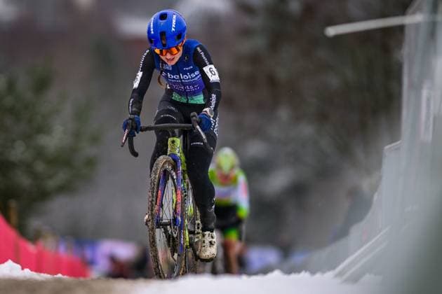 Belgian Fleur Moors pictured in action during the Women elite race at the Belgian Cyclocross Championships in Beringen on Saturday 10 January 2026. DAVIDxPINTENS  x154986199x