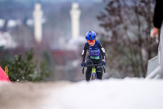 Belgian Fleur Moors pictured in action during the Women elite race at the Belgian Cyclocross Championships in Beringen on Saturday 10 January 2026. DAVIDxPINTENS  x154986287x