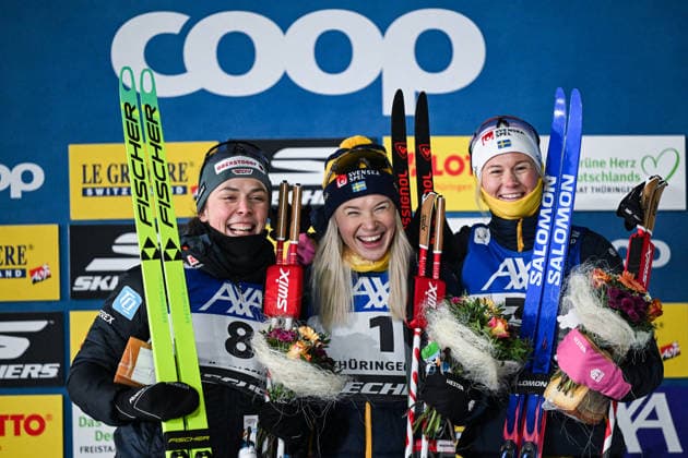 (L-R) Coletta RYDZEK (GER), Jonna SUNDLING (SWE) und Maja DAHLQVIST (NOW) auf dem Podium bei der Siegerehrung, GER, FIS Coop Langlauf Weltcup Oberhof, Sprint Finals, Frauen, 17.01.2026. GER, FIS Coop Langlauf Weltcup Oberhof, Sprint Finals, Frauen Oberhof Copyright: xEibner-Pressefoto FlorianxWiegandx EP_FWD