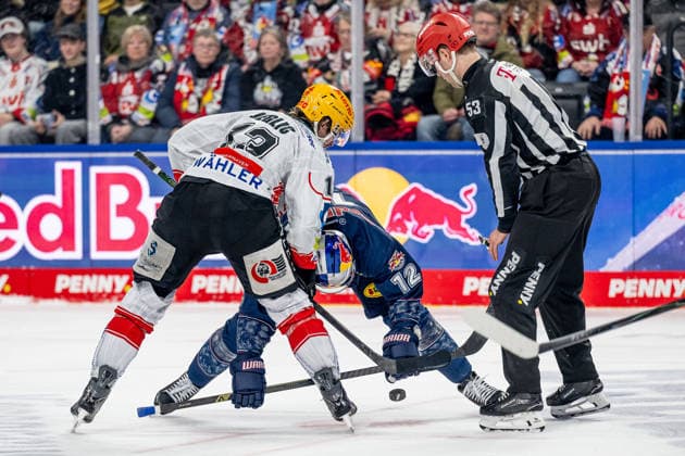 Linesperson Joshua Roemer fuehrt ein Bully Faceoff aus zwischen Ziga Jeglic (Fischtown Pinguins Bremerhaven, 13) und Brady Ferguson (EHC Red Bull Muenchen, 12) GER, EHC Red Bull Muenchen vs. Fischtown Pinguins Bremerhaven, Eishockey, DEL, 42. Spieltag, Saison 2025 2026, 23.01.2026. GER, EHC Red Bull Muenchen vs. Fischtown Pinguins Bremerhaven, Eishockey, DEL, 42. Spieltag, Saison 2025 2026, 23.01.2026. Muenchen Copyright: xEibner-Pressefoto HeikexFeinerx EP_HFR