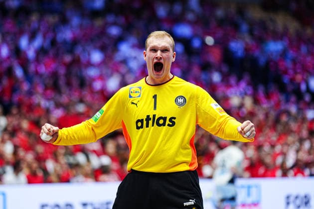 Jubel nach Parade David Spaeth (Deutschland, 01) DEN, Deutschland vs. Frankreich, Handball, EHF Europameisterschaft 2026, Hauptrunde, Spieltag 4, 28.01.2026 DEN, Deutschland vs. Frankreich, Handball, EHF Europameisterschaft 2026, Hauptrunde, Spieltag 4, 28.01.2026 Herning Copyright: xEibner-Pressefoto MarcelxvonxFehrnx EP_MFN
