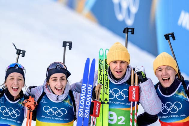 260208 Vanessa Voigt, Franziska Preuss, Philipp Nawrath and Justus Strelow of Germany celebrate after competing in biathlon mixed relay during day 2 of the 2026 Winter Olympics on February 8, 2026 in Anterselva. Photo: Mathias Bergeld BILDBYRAN kod MB MB1316 skidskytte biathlon skiskyting Olympic Games, Olympische Spiele, Olympia, OS olympics winter olympics os ol olympiska spel vinter-os olympiske leker milano cortina 2026 milan cortina 2026 milano cortina 2026 olympic games milano cortina 2026 winter olympic games milano cortina-os milano cortina-ol vinter-ol 2 bbeng mixed relay stafett mixedstafett tyskland jubel Copyright: MATHIASxBERGELD BB260208MB042
