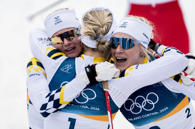 260210 Maja Dahlqvist , Linn Svahn and Jonna Sundling of Sweden celebrate after winning women s classic technique cross-country skiing sprint final during day 4 of the 2026 Winter Olympics on February 10, 2026 in Val di Fiemme. Photo: Maxim Thore BILDBYRAN kod MT MT0969 skidor cross-country skiing langrenn Olympic Games, Olympische Spiele, Olympia, OS olympics winter olympics os ol olympiska spel vinter-os olympiske leker milano cortina 2026 milan cortina 2026 milano cortina 2026 olympic games milano cortina 2026 winter olympic games milano cortina-os milano cortina-ol vinter-ol 4 bbeng sprint norge jubel os-guld gold guld Copyright: MAXIMxTHORE BB260210MT144