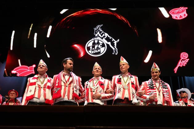 1. FC Köln, Karnevalssitzung, von links: Jörg Alvermann, Thomas Kessler, Philipp Türoff, Jörn Stobbe, Ulf Sobek, 10.02.2026, (1. FC Köln), Bild: