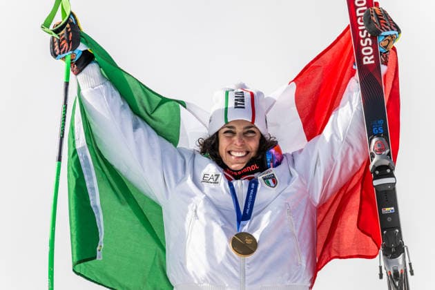 260212 Federica Brignone of Italy celebrates with her gold medal after competing in women™s super-G alpine skiing during day 6 of the 2026 Winter Olympics on February 12, 2026 in Cortina. Photo: Jon Olav Nesvold BILDBYRAN COP 217 JE0121 alpint alpine skiing Olympic Games, Olympische Spiele, Olympia, OS olympics winter olympics os ol olympiska spel vinter-os olympiske leker milano cortina 2026 milan cortina 2026 milano cortina 2026 olympic games milano cortina 2026 winter olympic games milano cortina-os milano cortina-ol vinter-ol 6 bbeng dam guld gold Copyright: JONxOLAVxNESVOLD BB260212JE037