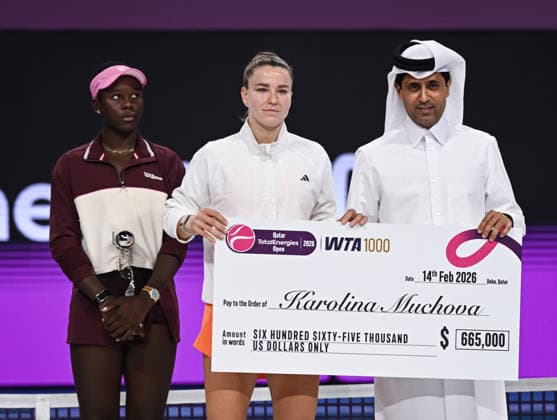 Qatar TotalEnergies Open 2026 Final, victory ceremony, winner Karolina Muchova (M, CZE) and and runner up Victoria Mboko (l, CAN) Karolina Muchova (CZE)