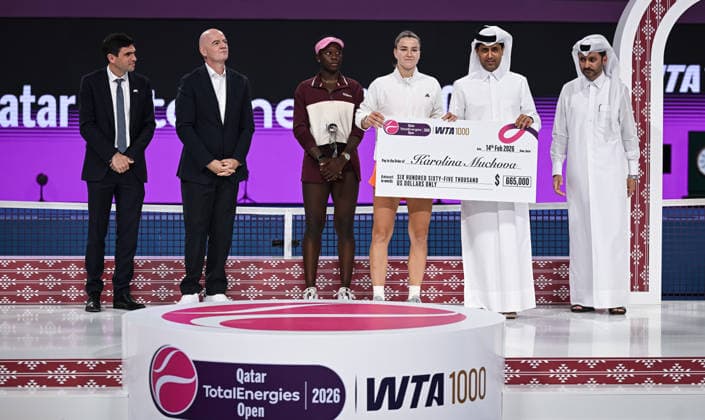 Qatar TotalEnergies Open 2026 Final, victory ceremony, winner Karolina Muchova (r, CZE) and runner up Victoria Mboko (l, CAN) Karolina Muchova (CZE), Victoria Mboko (CAN)