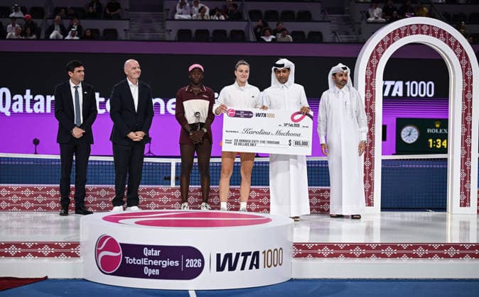 Qatar TotalEnergies Open 2026 Final, victory ceremony, winner Karolina Muchova (r, CZE) and runner up Victoria Mboko (l, CAN) Karolina Muchova (CZE), Victoria Mboko (CAN)