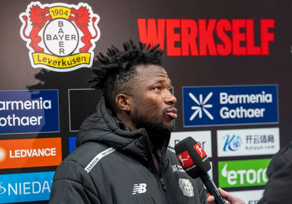 Edmond TAPSOBA (Bayer 04 Leverkusen, 12) nach dem Spiel im Interview 14.02.2026, Bayer Leverkusen - FC St. Pauli, Fussball, 1.Bundesliga, GER, Leverkusen, BayArena DFL regulations prohibit any use of photographs as image sequences and or quasi-video. Copyright: HMBxMedia xMarcoxBader