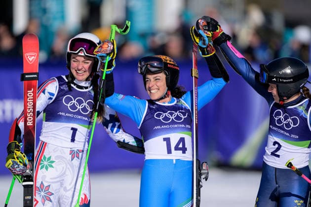 260215 Thea Louise Stjernesund of Norway , Sara Hector of Sweden and Federica Brignone of Italy celebrate after competing in women s alpine skiing giant slalom during day 9 of the 2026 Winter Olympics on February 15, 2026 in Cortina. Photo: Joel Marklund BILDBYRAN kod JM JM0793 bbeng alpint alpine skiing Olympic Games, Olympische Spiele, Olympia, OS olympics winter olympics os ol olympiska spel vinter-os olympiske leker milano cortina 2026 milan cortina 2026 milano cortina 2026 olympic games milano cortina 2026 winter olympic games milano cortina-os milano cortina-ol vinter-ol giant slalom storslalom storslalam dam italien sverige jubel Copyright: JOELxMARKLUND BB260215JM162