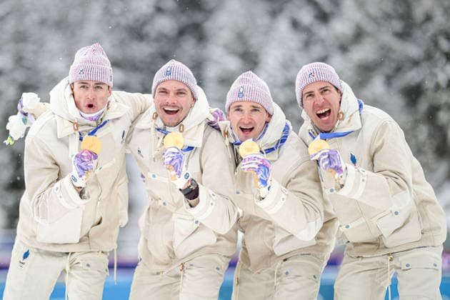 (260217) -- ANTERSELVA, Feb. 17, 2026 -- Gold medalists Eric Perrot, Quentin Fillon Maillet, Emilien Jacquelin and Fabien Claude of France celebrate during the awarding ceremony of the biathlon men s 4x7.5km relay at the 2026 Milan-Cortina Winter Olympics in Anterselva, Italy, Feb. 17, 2026. ) (MICO2026)ITALY-ANTERSELVA-OLYMPIC Winter games, Winterspiele,Spiele, Summer games BIATHLON-MEN S 4x7.5KM RELAY JiangxHan