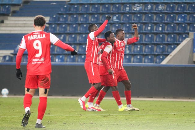 20.02.2026 Fußball Herren 2025 2026 Regionalliga Nordost 23. Spieltag 1. FC Magdeburg - FC Rot-Weiß Erfurt Avnet Arena Magdeburg Torjubel von Rot-Weiß Erfurt nach dem 1:3. Magdeburg Sachsen-Anhalt Deutschland