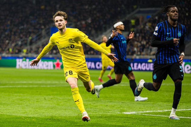 260224 Hakon Evjen of Bodo Glimt celebrates after scoring the 0-2 goal during the UEFA Champions League football match between Inter and Bodo Glimt on February 24, 2026 in Milan. Photo: Marius Simensen BILDBYRAN COP 238 MM0057 bbeng bodo glimt fc internazionale milano football fotball fotboll inter jubel mesterligaen soccer uefa champions league Copyright: MARIUSxSIMENSEN BB260224BB663