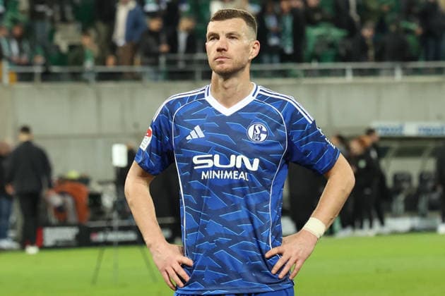 28.02.2026, xrekx, Fussball 2.Bundesliga, SpVgg Greuther Fuerth - FC Schalke 04 v.l. Edin Dzeko (FC Schalke 04) enttaeuscht, enttäuscht, schaut enttaeuscht, traurig, frustriert, niedergeschlagen, disappointed, sad, frustrated vor den Fans (DFL DFB REGULATIONS PROHIBIT ANY USE OF PHOTOGRAPHS as IMAGE SEQUENCES and or QUASI-VIDEO) Fuerth