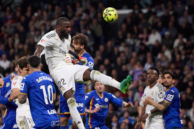 Antonio Rudiger (Real Madrid CF) and David Soria (Getafe CF) battle for the ball during the LaLiga EA Sports match between Real Madrid v Getafe CF at Santiago BernabÃ u on March 2, 2026 in Madrid, Spain. (Photo by Manu Reino DeFodi Images) -