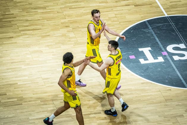 Basketball Berlin 08.03.2026 Saison 2025 2026 EasyCredit BBL 1. Bundesliga Männer, Herren Alba Berlin - Fitness First Würzburg Baskets Jonas Mattisseck (Alba Berlin, No.09) Moses Wood (Alba Berlin, No.11) Jack Kayil (Alba Berlin, No.07)