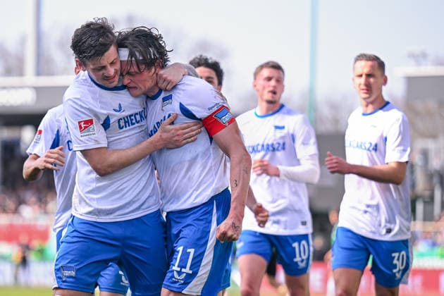 08.03.2026, Fussball, 2. Bundesliga, 25. Spieltag Saison 2025 2026, Preußen Münster - Hertha BSC, Fabian Reese (Hertha BSC) freut sich über das Tor zum 0:1, xRHR-FOTO TKx Copyright: RHR-FOTOx RHR-FOTO TK