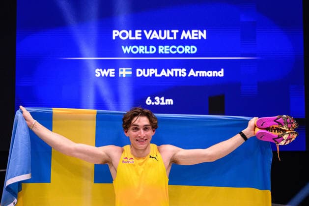 260312 Armand Duplantis of Sweden celebrates after a new world record by clearing 6.31 meters during the pole vault competition Mondo Classic on March 12, 2026 in Uppsala. Photo: Jesper Zerman BILDBYRAN kod JZ JZ0687 friidrott athletics friidrett mondo classic bbeng stavhopp jubel sverige Copyright: JESPERxZERMAN BB260312JZ041