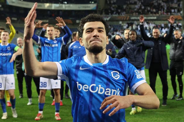 12.03.2026, xrekx, Fussball UEFA Europa League, KRC Genk - SC Freiburg v.l. Zakaria El Ouahdi (KRC Genk) Mannschaft, Spieler, jubeln nach Spielende, Team, Player, celebrate at the end of the match (DFL DFB REGULATIONS PROHIBIT ANY USE OF PHOTOGRAPHS as IMAGE SEQUENCES and or QUASI-VIDEO) Genk