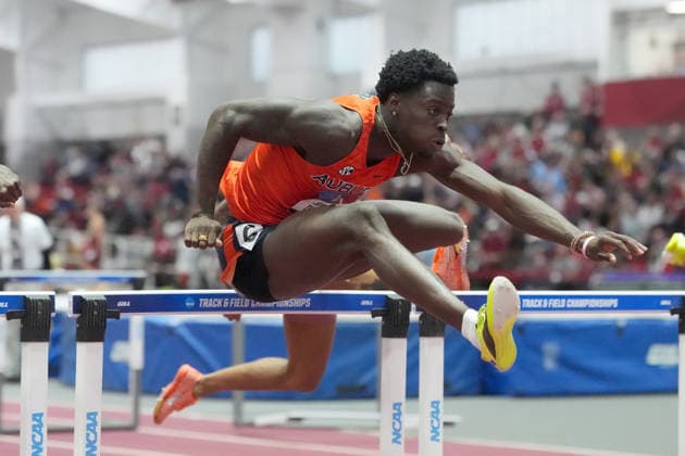 NCAA, College League, USA Indoor Track and Field Championships Ja Kobe Tharp of Auburn wins 60m hurdles heat in 7.36 during the NCAA Indoor Track and Field Championships, Friday, March 13, 2026, in Fayetteville, Ark. Fayetteville Arkansas United States EDITORIAL USE ONLY Copyright: xImagexofxSportx ImagexofxSportx iosphotos399538
