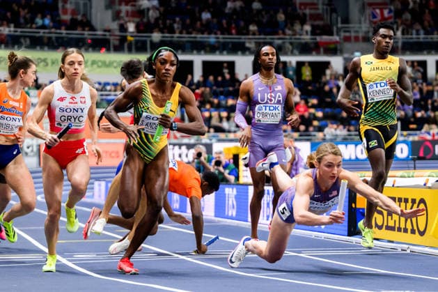 260321 Shana Kaye Anderson of Jamaica and Sara Reifenrath of USA compete during the final of the mixed 4x400 metres relay during the 2026 World Athletics Indoor Championships on March 21, 2026 in Torun. Photo: Petter Arvidson BILDBYRAN kod PA PA1181 friidrott athletics friidrett inomhus-vm vm 2026 world athletics indoor championships vm innendors innendors-vm bbeng Copyright: PETTERxARVIDSON BB260321PA030
