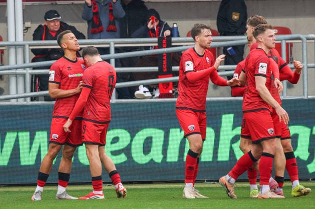 Jubel bei Marcel Costly (FC Ingolstadt 04, Nr.22) nach seinem Treffer zum 1:1: Ausgleich GER, FC Ingolstadt 04 gegen Alemannia Aachen, Fußball, 3. Liga, Spieltag 30, Saison 2025 2026, 21.03.2026 GER, FC Ingolstadt 04 gegen Alemannia Aachen, Fußball, 3. Liga, Spieltag 30, Saison 2025 2026, 21.03.2026 Ingolstadt Copyright: xEibner-Pressefoto OliverxSTRISCHx EP-OSH