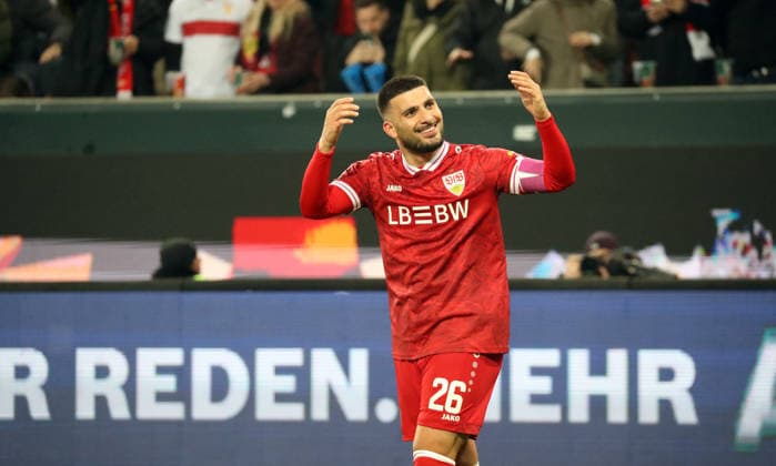 22.03.26 FC Augsburg - VfB Stuttgart Deutschland, Augsburg, 22.03.2026, Fussball, Bundesliga, Saison 2025 2026, FC Augsburg -VfB Stuttgart: Deniz Undav (VfB Stuttgart); Jubel Tor 1:4 Undav.