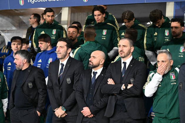 Soccer, FIFA World Cup, WM, Weltmeisterschaft, Fussball 2026 match between Italy-North Ireland Gennaro Gattuso, Gianluigi Buffon, Leonardo Bonucci during national anthem during playoff qualifier Fifa World Cup 2026 match between Italy-North Ireland at the gewiss stadium, Italy, March 26th, 2026. Imago-Images Emmefoto Copyright: xImago-Images Emmefotox